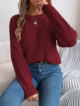 Openwork Round Neck Long Sleeve Sweater Burgundy OutfitFlow