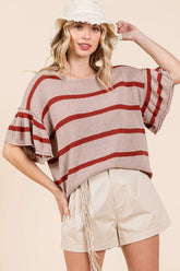 Mittoshop Striped Flounce Sleeve Knit Top Mocha Rust OutfitFlow