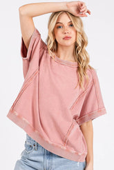 Mittoshop Mineral Wash French Terry Crew Neck Casual Top ANTIQUE PINK OutfitFlow