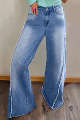Raw Hem Wide Leg Jeans with Pockets Medium OutfitFlow