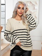 Striped Round Neck Cable-Knit Sweater Beige OutfitFlow