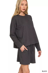 Zenana Corded Rib Long Sleeve Tee and Shorts Set BLACK OutfitFlow