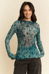 Davi & Dani Floral Mesh Long Sleeve Sheer Layering Top TEAL OutfitFlow