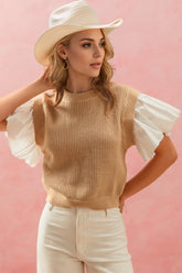 Oh Full Size Ruffled Round Neck Short Sleeve Sweater Camel OutfitFlow