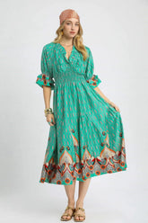 Umgee Printed Smocked Waist Flounce Sleeve Midi Dress Turquoise OutfitFlow