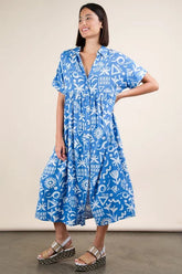 VERY J Plus Size Oversized Printed Shirt Midi Dress Blue Mix OutfitFlow
