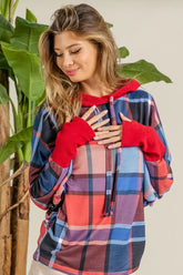 BiBi Plaid Mirr Brushed Rib Contrast Thumb Open Hoodie RED BLUE OutfitFlow