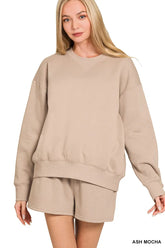 Zenana Fleece Long Sleeve Sweatshirts & Shorts Set ASH MOCHA OutfitFlow