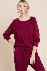 Super Lady Round Neck Raglan Sleeve Top and Pants Lounge Set Burgundy OutfitFlow