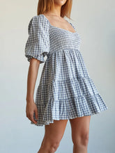 Ruffled Hem Plaid Half Sleeve Mini Dress Light Blue OutfitFlow