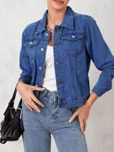 Button Up Long Sleeve Denim Jacket Dark Blue OutfitFlow