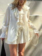 Ruffled Long Sleeve Shirt and Shorts Set Off-white OutfitFlow