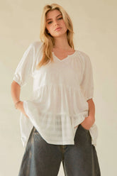 Davi & Dani Ruffled Flared Short Sleeve V Neck Blouse WHITE OutfitFlow