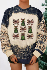 Christmas Tree & Leopard Bow Round Neck Sweatshirt Beige OutfitFlow