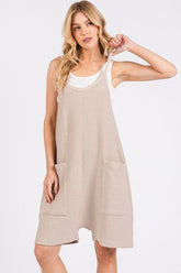 Mittoshop Scoop Neck Spaghetti Strap Overalls with Pockets Oatmeal OutfitFlow