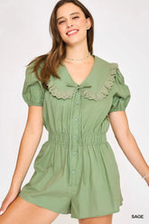 Umgee Collared Short Sleeve Button Down Romper Sage OutfitFlow