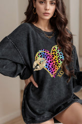 Leopard Heart Drop Shoulder Long Sleeve Sweatshirt Dark Gray OutfitFlow