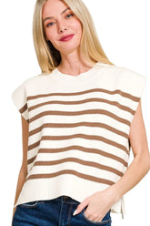 Zenana Oversized Crew Neck Stripe Sweater Vest MOCHA OutfitFlow