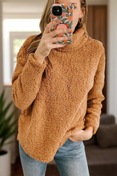 Fuzzy Turtleneck Long Sleeve Sweatshirt Caramel OutfitFlow