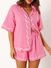 Button Up Half Sleeve Top and Shorts Set Pink OutfitFlow