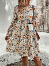 Tiered Floral Round Neck Long Sleeve Dress Tan OutfitFlow