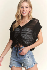 ADORA Drawstring Detail Crochet Top BLACK OutfitFlow