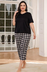 V-Neck Tee and Plaid Cropped Pants Lounge Set Black OutfitFlow