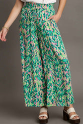 Umgee Full Size Mixed Print High Waist Wide Leg Pants Plus Size GREEN MIX OutfitFlow