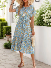 Floral Print Midi Dress with Tie Front Blue OutfitFlow