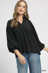 Umgee Textured V-Neck Blouse with Balloon Sleeves Black OutfitFlow