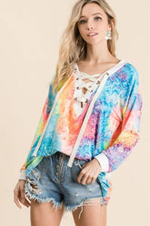 BiBi Tie Dye Deep V-neck Top With Lace Up Front TIE DYE Trendsi
