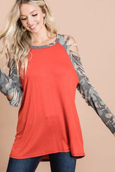 BiBi Jersey Knit Top with Camouflage Laser Cut Sleeves RUST OutfitFlow