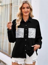 Raw Hem Button Up Long Sleeve Denim Jacket with Sequin Pockets Black OutfitFlow
