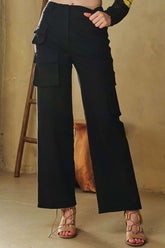 Davi & Dani Flap Pocket Mid Rise Cargo Pants Black OutfitFlow