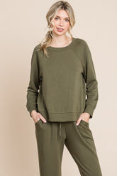 Super Lady Round Neck Raglan Sleeve Top and Pants Lounge Set Olive OutfitFlow