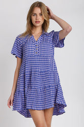 Umgee Full Size Gingham Tiered Button Detail Short Sleeve Dress Plus Size Blue OutfitFlow