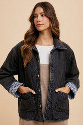 Annie Wear Quilted Printed Lining Snap Down Denim Jacket Black OutfitFlow