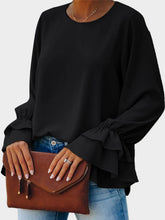 Round Neck Double-Layered Flounce Sleeve Top Black OutfitFlow