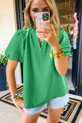 Oh Full Size Frill Notched Puff Sleeve Blouse Green OutfitFlow