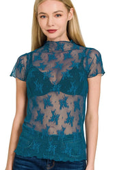 Zenana Lace See-through Layering Short Sleeve Top TEAL OutfitFlow