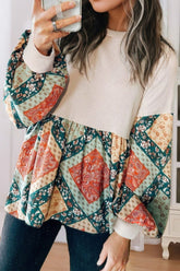 Printed Round Neck Long Sleeve Blouse Beige OutfitFlow