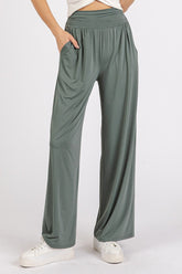 Mittoshop Stretch Banded Waist Wide Leg Pants with Pockets Army Green OutfitFlow