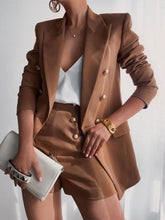 Lapel Collar Long Sleeve Blazer and Shorts Set Caramel OutfitFlow