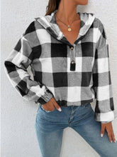 Plaid Half Button Long Sleeve Hoodie Black OutfitFlow