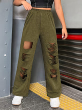 Distressed Elastic Waist Straight Leg Pants Army Green OutfitFlow
