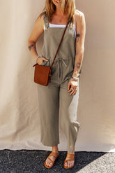 Drawstring Wide Strap Overalls with Pockets Khaki OutfitFlow