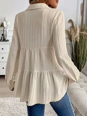 Button-Down Long Sleeve Tiered Shirt OutfitFlow