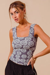 SO ME Two Tone Floral Seamless Tank Top CHARCOAL BLUE OutfitFlow