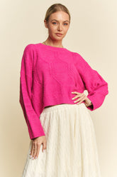 Davi & Dani Diamond Cable Pattern Drop Shoulder Sweater Pink OutfitFlow