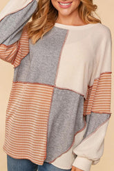 Exposed Seam Color Block Round Neck Top Gray OutfitFlow